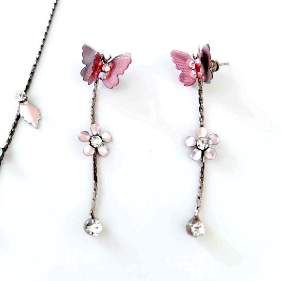 Vintage Romantic Pink Butterfly Leaf Flower Rhinestones Crystals Necklace Set - Picture 5 of 7